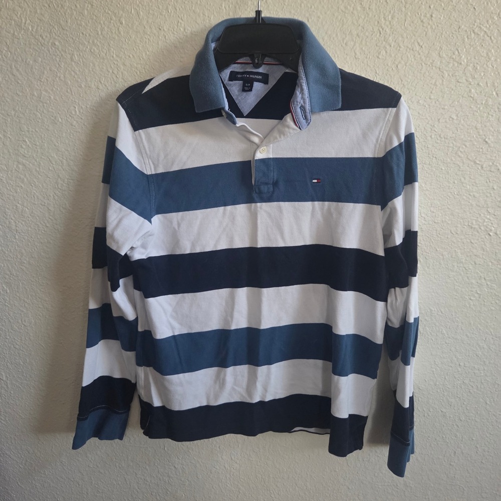 Tommy Hilfiger Rugby Polo Shirt Mens Size S Blue White Striped Y2K Preppy Retro
